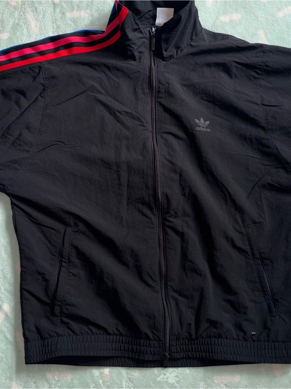 adidas Black Windbreaker Jacket with Red Shoulder Stripes